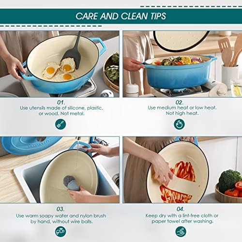 vancasso 9.3 Qt Oval Enameled Cast Iron Dutch Oven with Lid, Light Blue - Image 6