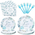 Sea You Soon Baby Shower Party Decorations Under The Sea Party Supplies Ocean Sea Animal Disposable Plates Plates Napkins Fork Seaside Seashell Tableware Set for Summer Birthday Supplies, Serves 25 by Rokochoes