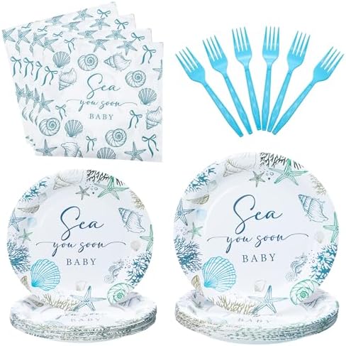 Sea You Soon Baby Shower Party Decorations Under The Sea Party Supplies Ocean Sea Animal Disposable Plates Plates Napkins Fork Seaside Seashell Tableware Set for Summer Birthday Supplies, Serves 25 by Rokochoes