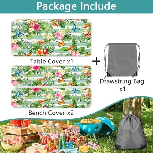 Picnic Table Cover with Bench Covers, Camping Essentials Hawaiian Luau Tropical Palm Leaves Flower Butterfly Waterproof Windproof Fitted Tablecloth Cover with Elastic Edge for Outdoor 3 PCS 30x72 Inch - Image 7