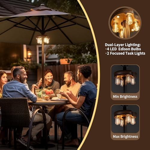 Dark Wood Grain Patio Umbrella Light with Remote Control, Rechargeable Cordless LED Edison Bulbs Pole Light with 10 Brightness Levels for Garden, Patio, Backyard, Camping or BBQ (2 Pack) - Image 5