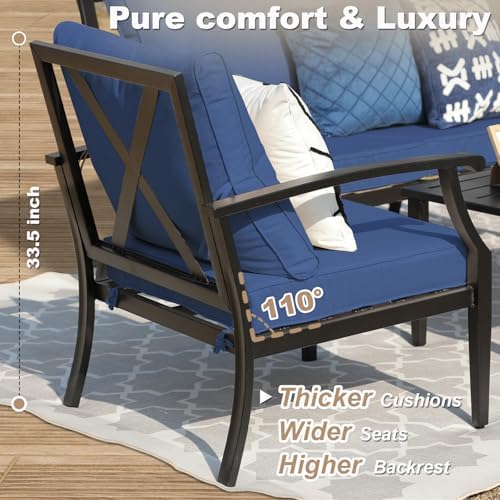 4-Piece Patio Furniture Set, Wider Outdoor Metal Seating Sofa with High Back & Lovsest, Coffee Table, All Weather Conversation for Backyard, Poolside, Deck-Navy - Image 3