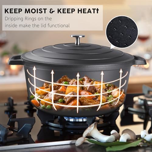 Large Dutch Oven Pot with Lid-7.5QT Cast Aluminum Oven Pot with Two Handles Lightweight for Bread Baking Braising and Roasting(Black) - Image 5