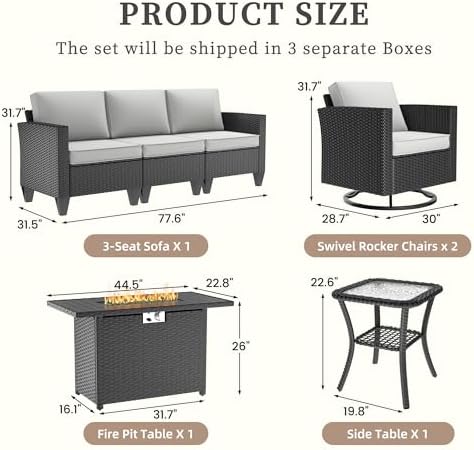 UDPATIO Patio Furniture Set with Fire Pit Table, Rocking Swivel Chairs, 5 Pieces Outdoor Furniture Sets, All-Weather Wicker Outdoor Sectional Sofa with Cover, 4'' Thickened Cushion, Light Grey - Image 2