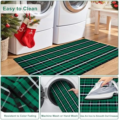 OJIA Christmas Door Mat Outdoor 27.5"x43" Green Plaid Porch Front Door Rug - Image 3