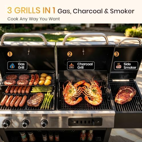 Captiva Designs 3 Burner Gas Charcoal Combo Grill with Offset Smoker, Black - Image 2