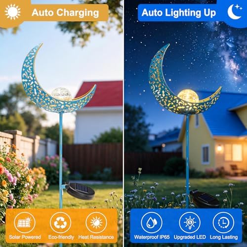Homeimpro Moon Solar Garden Lights Outdoor Stakes, Waterproof Crackle Glass Metal Yard Lights for Lawn, Patio Accessories, Backyard Decor, Birthday Gifts for Mom - Image 5