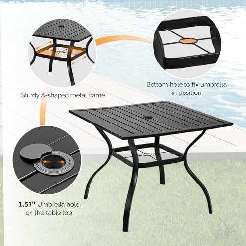VINGLI 36" Square Patio Table for 4, Metal Outdoor Dining Table with Umbrella Hole, All-Weather Steel Patio Dining Table Outdoor Table for Lawn, Garden, Backyard, Black - Image 5