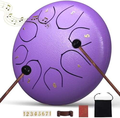 Rain Drum for Outside Garden, 6 Inches 8 Notes Steel Tongue Drums, Waterproof Meditation Echo Rain Chime, Musical Instruments for Adult Gift with Bag, Music Book, Mallets (Purple) by INNOWARMER