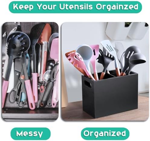 ALELION Black Utensil Holder for Kitchen Counter - 2 Compartment Large Utensil Caddy Organizer for Countertop - Kitchen Tool Holder for Spatula Ladles - Image 4
