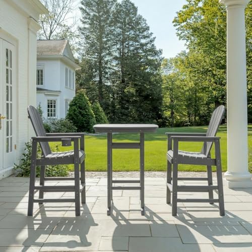 3-Piece HDPE Bar Height Table and Chairs Set, 42.1" Square High Top Pub Table with Umbrella Hole, 2 Adirondack Charis with Cup Holders, Outdoor Patio Dining Set for Bistro Backyard Deck Gray by SCANORDIC