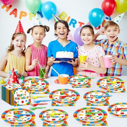 96 Pcs Building Blocks 5th Birthday Paper Plates and Napkins Building Bricks 5th Happy Birthday Tableware Set Brick Theme Party Disposable Plates Set for Boys Kids 5 Years Old Party Decorations - Image 6