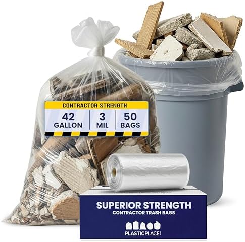 Plasticplace Contractor Trash Bags 42 Gallon │ 3.0 Mil │ Clear Heavy Duty Garbage Bag │ 32.6” x 46.4” (50 Count), Transparent, B001C0SIUG by Plasticplace