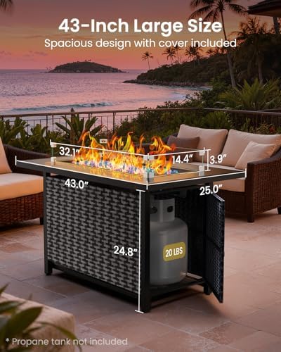Ciays 43″ Propane Fire Pit, CSA-Listed 60,000 BTU Outdoor Gas Fire Pit Table with Glass Wind Guard, Tempered Glass Top, Lid, Glass Rocks, Adjustable Legs, Fire Table for Patio, Garden & Party, Black - Image 4