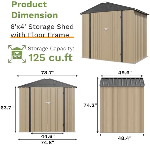 Patiowell 6x4 FT Outdoor Storage Shed with Floor Frame, Metal Garden Sheds - Image 2