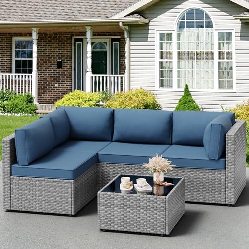 Vongrasig 5 Pieces Patio Furniture Set with Cushion, Glass Table, Navy Blue - Image 3