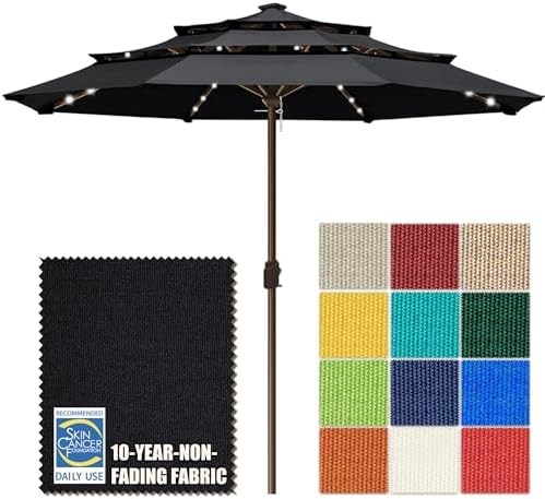 EliteShade USA 10-Year-Non-Fading 10ft 3-Tier Market Patio Umbrella, Commercial Table Umbrella with 80 Solar LED Lights, Crank Open, Windproof & UPF 50+ UV Protection for Garden, Deck, Pool, Backyard, No Tilt, Black by EliteShade