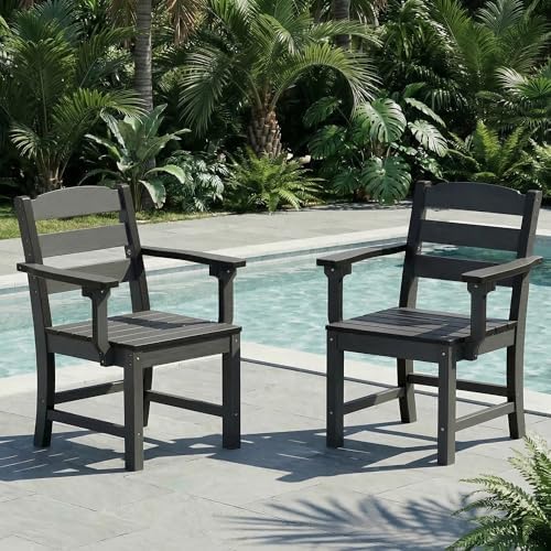 Patio Dining Chairs Set of 6, 350lbs Heavy Duty HDPE Outdoor Chair with Extra-Wide Seat & High-Back, All-Weather Garden Armchair with Integrated Armrests, Wood-Look Seating for Backyard, Deck (Black) - Image 2