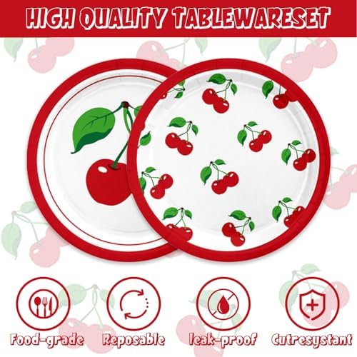 48Pcs Cherry Birthday Decorations Summer Fruit Theme Tableware Set Disposable Plates Napkins Forks Serves 16 Baby Shower Cherry Party Decorations - Image 3