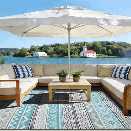 Outdoor Rug 5 x8 ft, Plastic Rug for Patio, Blue & Grey - Image 5