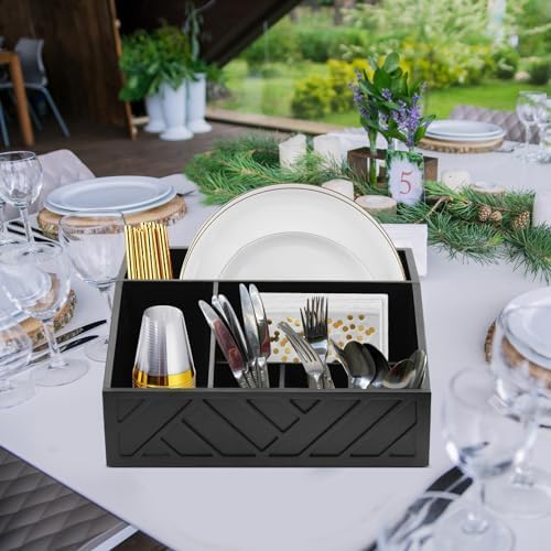 Ukonvi Paper Plate Dispenser, Paper Plate Holder for Kitchen Counter, Wood Rustic Silverware Utensil Caddy, Cutlery Flatware Organizer Box for Cups Spoons Forks Plates Napkins, Kitchen Accessories - Image 3