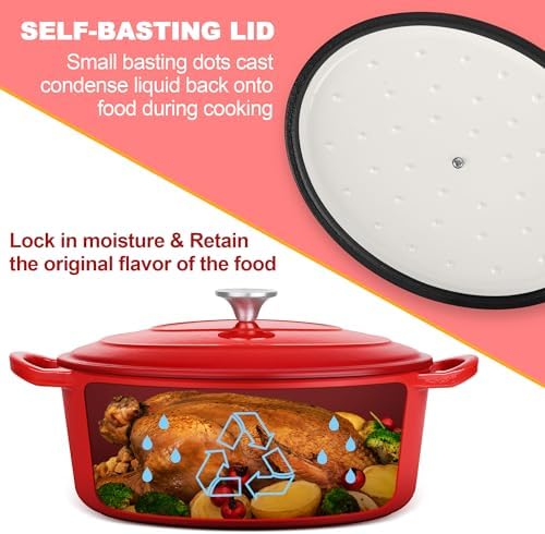 E-far 7QT Oval Dutch Oven Pot with Lid, Red Enameled Cast Iron Dutch Oven - Image 5