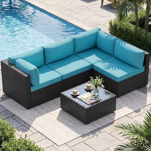Shintenchi 5 Piece Outdoor Patio Furniture Set with Black PE Rattan, Blue by Shintenchi%7CFurnitureMadeforRealLife