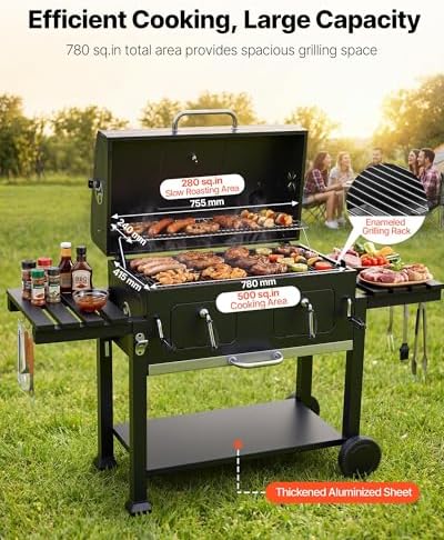 VEVOR Charcoal Grill, 780 sq.in. Extra-Large Charcoal Barbecue Grill with 2 Liftable Charcoal Trays & Folding Side Tables, High-Temp Powder-Coated Steel BBQ Cooking Grills for Patio Backyard Parties - Image 2