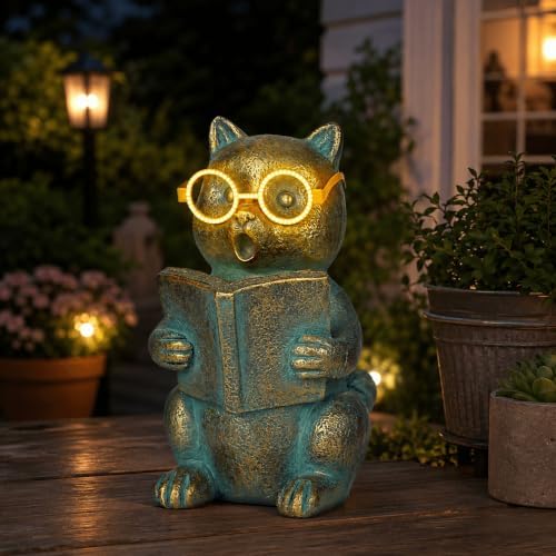 Solar Reading Cat Decor with Light-Up Glasses Patina Garden Statues by zuzuzen