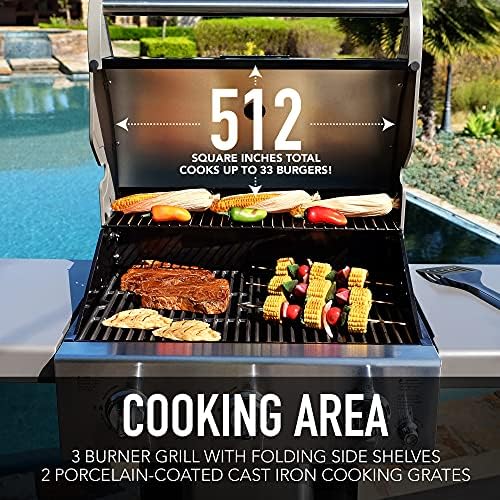 Permasteel 3-Burner Propane Gas Grill, 30,000 BTUs BBQ Grill with Cast Iron Grates, Foldable Side Tables & Tool Hooks, Outdoor Grill, Black - Image 5