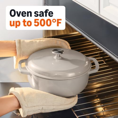 Amazon Basics Enameled Cast Iron Dutch Oven Pot With Lid, 6-Quart, Round, Dual Handles, Heavy-Duty, Oven Safe for Stews, Roasting & Baking, Linen Gray - Image 3