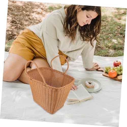 Woven Plastic Storage Basket, Portable Picking for Fruit Container, Brown - Image 4