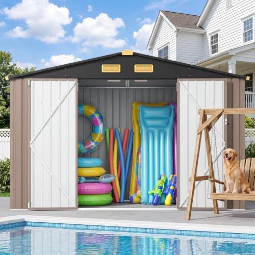 IRONCK Storage Shed, 9.7 x 7.7 FT Tool Shed with Lockable Doors, Brown by IRONCK