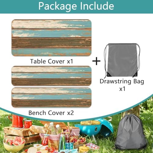 Picnic Table Cover with Bench Covers, Camping Essentials, Farmhouse Wood Green Waterproof Windproof Table Cover, Fitted Tablecloth Cover with Elastic Edge, for Indoor & Outdoor, 3 PCS, 30x96 Inch - Image 6