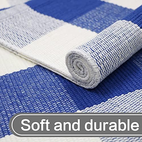 MUBIN Cotton Buffalo Plaid Rug, 3' x 5' Blue White Outdoor Rug Front Door Decorative Mat, Washable Doormat Hand-Woven Foldable Area Rug Layered Door Mats Rug for Front Porch, Entryway, Patio - Image 7