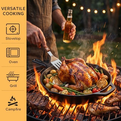 EWFEN Cast Iron Skillet 12 Inch, Pre-Seasoned Frying Pan, Heavy-Duty Professional Restaurant Chef Quality Cookware with Drip Spout, Indoor & Outdoor Use, Compatible with Oven, Stove, Grill & Campfire - Image 3