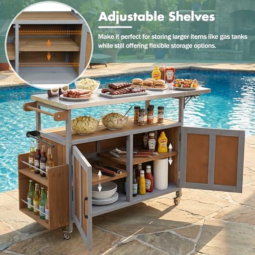 LUMISOL Grill Cart with Foldable Stainless Steel Top, Mobile Outdoor Kitchen Island with Storage Cabinet and Towel Rack, Espresso+Grey - Image 6