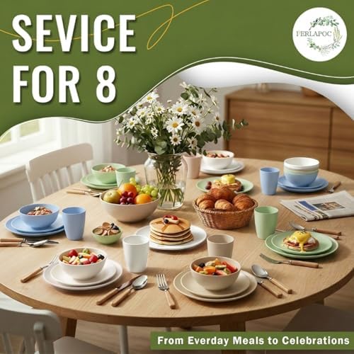40 PCS Wheat Straw Dinnerware Sets Unbreakable Dishware Set for 8 Plastic Plates and Bowls Sets with Cups Dishwasher & Microwave Safe - Colorful - Image 7