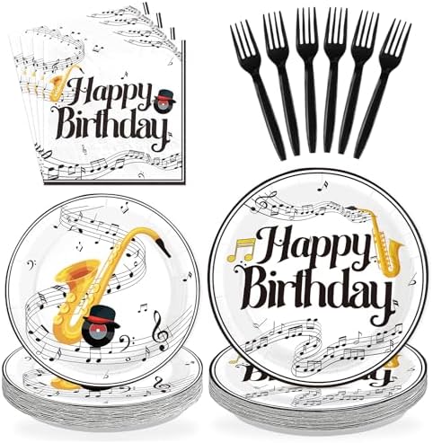 96Pcs Saxophone Happy Birthday Party Supplies Glitter Gold Saxophone Plates and Napkins Music Themed Tableware Set for Kids Music Lovers Band Themed Birthday Party Supplies, Serves 24 by Greencian