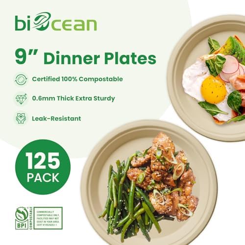 9 Inch Compostable Plates [125 Pack] - Heavy Duty Brown Compostable Paper Plate, Disposable Eco-Friendly Sugarcane Bagasse Plates for Dinner, Party, and Weddings (Round) - Image 2