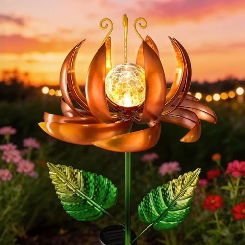Solar Yard Lights Wind Spinners- Metal Lotus Flower Garden Decor LED Crackle Glass Globe Yard Art Sculpture Solar Stake Lights for Patio Pathway Lawn Walkway (Yellow-Large) by SUCUY