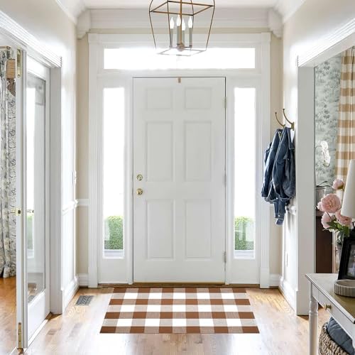 Homydecor Buffalo Plaid Outdoor Rugs, 24'' x 51'' Coffe and White Checkered Area Rug, Layering Rug for Hello/Welcome Door Mat, Washable Cotton Woven Farmhouse Mat for Front Porch Décor - Image 4