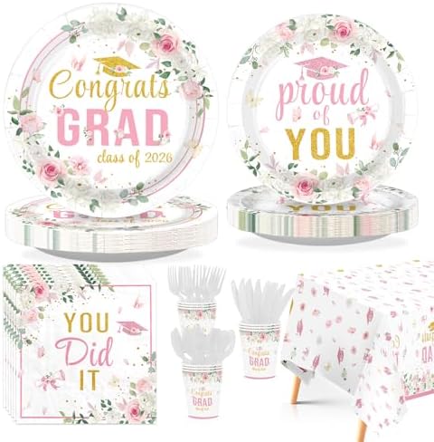 170 Pcs Graduation Pink Floral Party Decorations, Serves 24 - Image 3