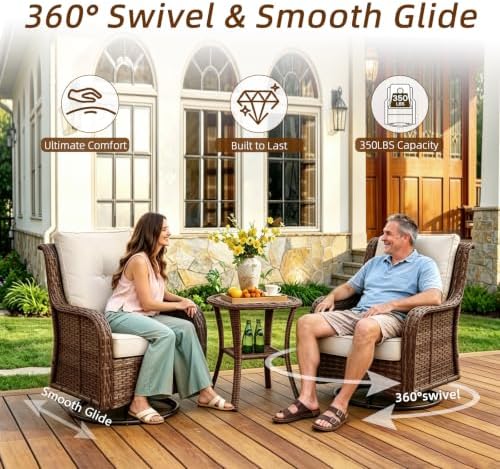 Wumiokio Patio Furniture Sets, Wicker Outdoor Furniture - 360 Degree Swivel Rocking Chairs and Rattan Side Table for Garden,Porch,Backyard (Brown Wicker/Beige Cushion, 5PCS - Swivel Chairs & Ottoman) - Image 2