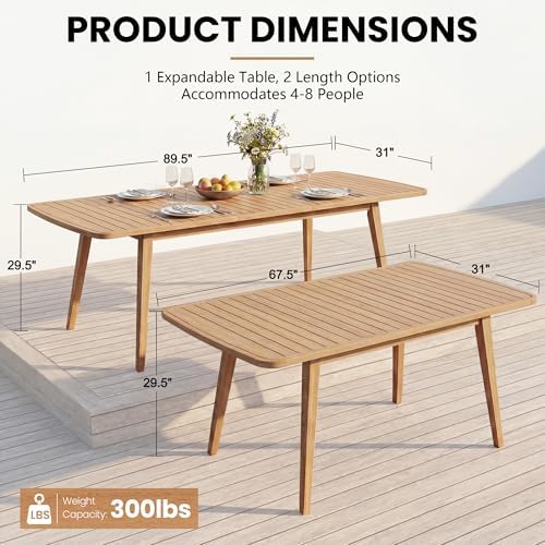 Extendable Outdoor Dining Table, Weather-Resistant Wood Patio Dining Table for 6-8 Person, 67.5"-89.5" Expandable Table with Self-Storing Leaf for Host/Backyard/Porch/Dining Room, Natural - Image 3