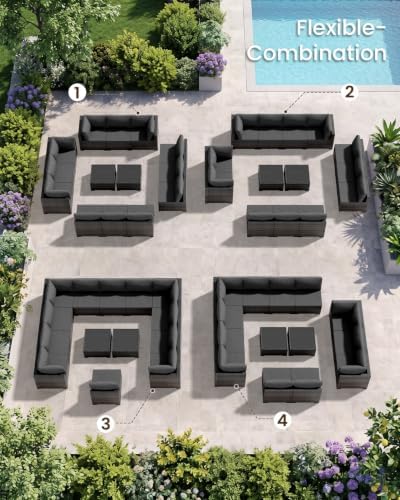 Patio Furniture Set - All-Weather - 14 Piece Patio Outdoor Conversation Set, Modular Wicker Rattan Sectional Sofa for Backyard, Garden, Poolside, Balcony, Porch, Patio, Brown/Dark Gary - Image 7