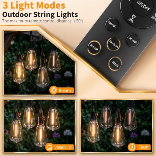 Hotsonic Remote Control Outdoor String Lights Waterproof, 100FT LED Outside Lights with Shatterproof Bulbs, Dimmable Hanging Light 3 Modes for Patio Porch Garden pergola Yard House Bistro Party decors - Image 5