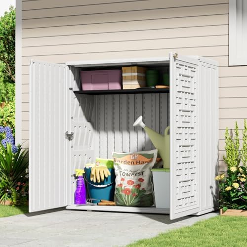 KINYING Outdoor Storage Cabinet Waterproof, Resin 62 Gallon Deck Box for Patio Furniture Cushions, Garden Tools, Pool Tools and Kids’ Toys (Off White with 1 Shelving) - Image 2