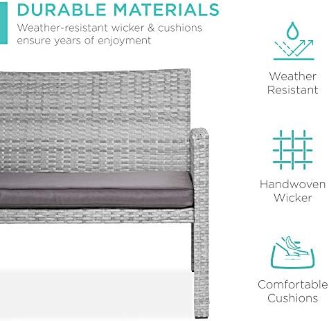 Best Choice Products 4-Piece Outdoor Wicker Patio Conversation Furniture Set for Backyard w/Coffee Table, Seat Cushions - Gray/Gray - Image 3