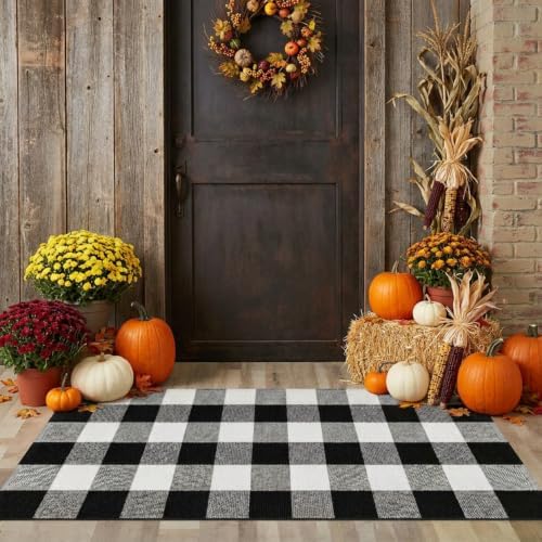 MUBIN Fall Decor Cotton Buffalo Plaid Rug, 24x52 Black and White Outdoor Rug Front Door Decorative Mat, Washable Doormat Foldable Area Rug Layered Door Mats Rug for Front Porch, Entryway, Patio by MUBIN